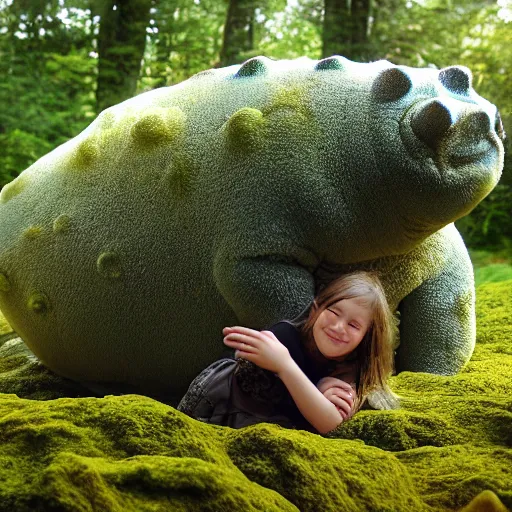Prompt: A girl and her pet tardigrade (Milnesium tardigradum), giant water bear, moss piglet, plump chubby algae eater