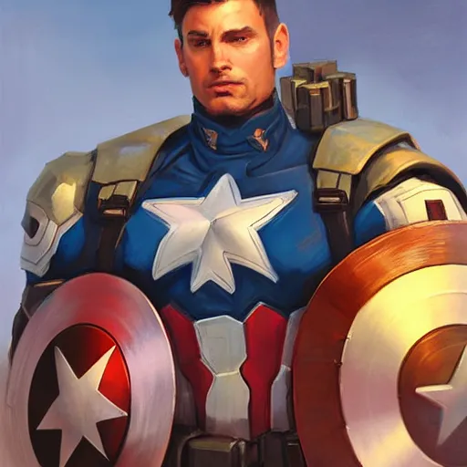 Image similar to greg manchess portrait painting of heavily armored captain america as overwatch character, totally whack, medium shot, asymmetrical, profile picture, organic painting, sunny day, matte painting, bold shapes, hard edges, street art, trending on artstation, by huang guangjian and gil elvgren and sachin teng