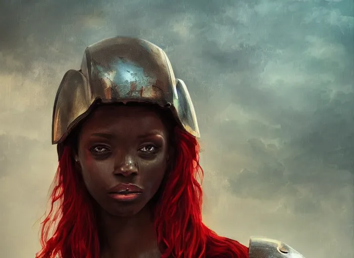 Prompt: landscape, portrait painting beautiful realism, an african girl red hair in wood armor who was sprawled out was about to rise, his face covered in blood. cinematic scene, good lighting, fine art, trending on artstation, smooth draw, sharp focus.