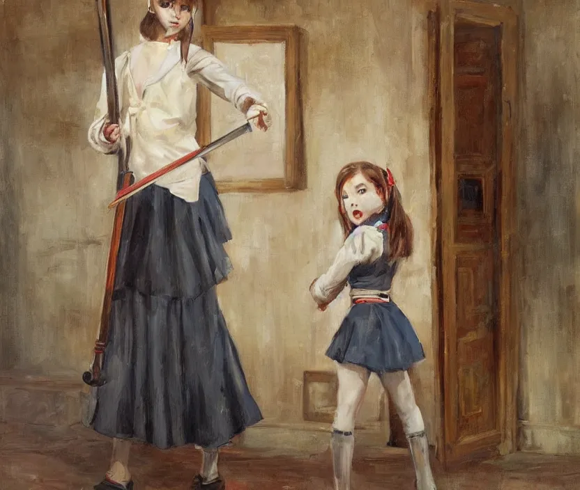 Image similar to School girl holding a katana and standing on an abandoned hospital room , by Konstantin Razumov, horror scene, highly detailded