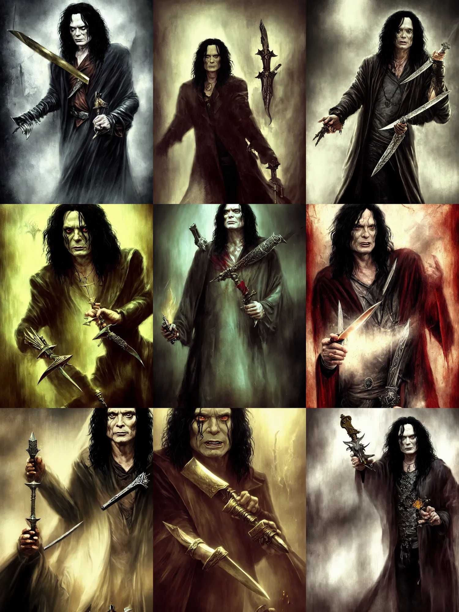 Prompt: closeup of tommy wiseau dressed in assassin robes holding a poisoned dagger in one hand, illustration by bastien lecouffe deharme, magic the gathering, assassins creed, desaturated colors, gloomy medieval background, sparse floating particles, god rays, golden hour, bleak cityscape background, grim color palette, regal aesthetic, high quality