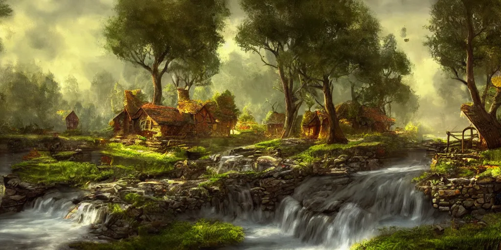 Image similar to a small surreal serene fantasy village on the edge of the woods, small stream, water wheel, by bob ross, lord of the rings, smooth, detailed terrain, oil painting, matte painting, concept art, trending on artstation