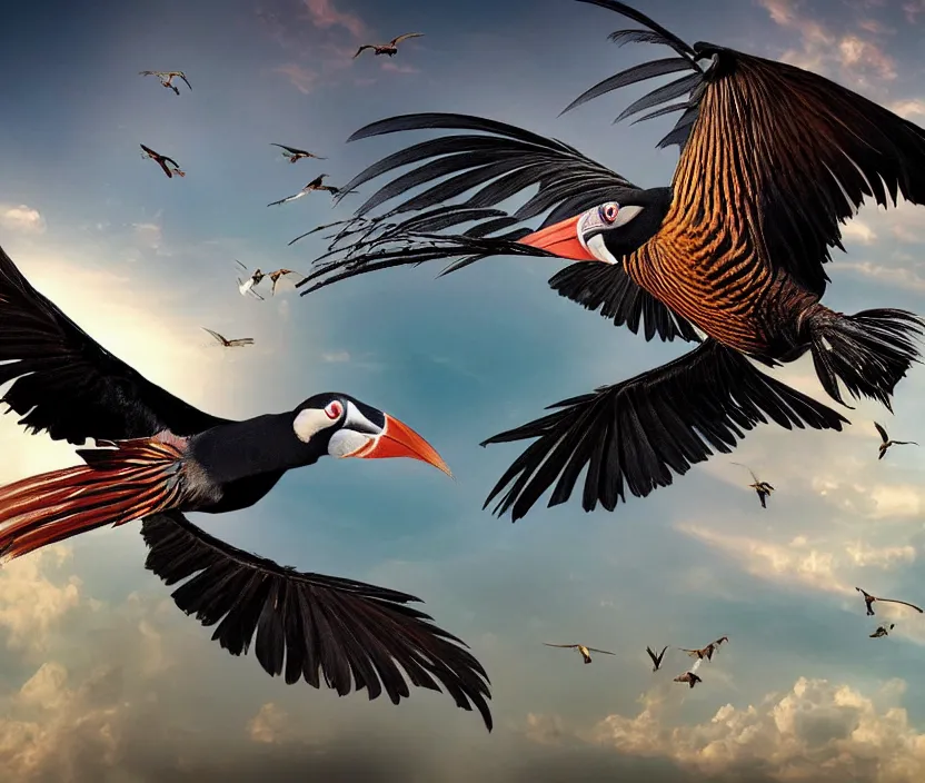 Prompt: a realistic photo of a birdlike creature made of birds merged, creature wrinkles feathers exotic morphing hoopoe, morphing wings king vulture head, merging pheasant skin merged sky animal, atlantic puffin, turaco morphing chicken, clear, global illumination, refraction, displacement map, bump map, normal map