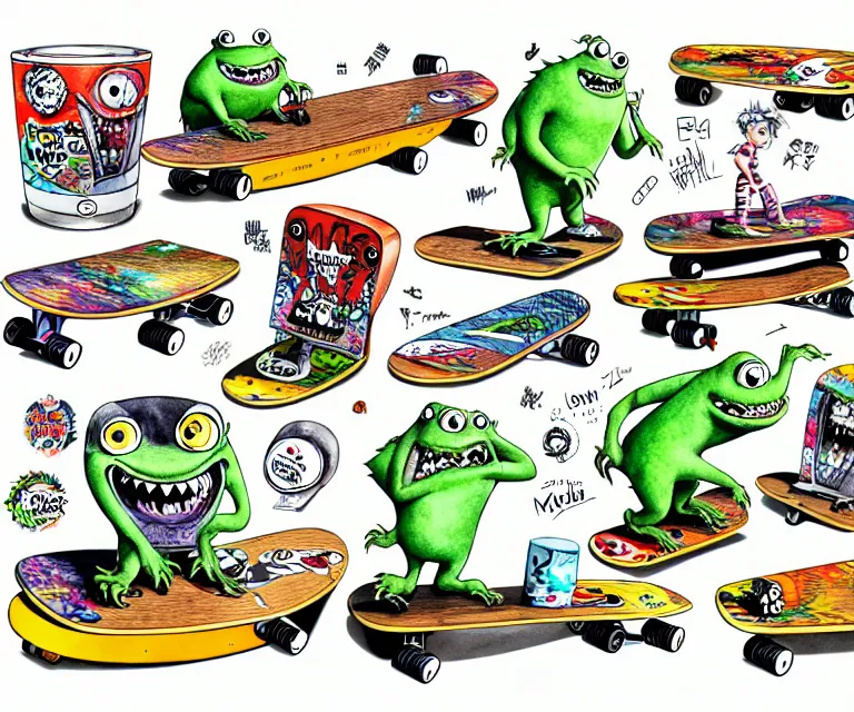 Image similar to cute and funny, monster on a skateboard, ratfink style by ed roth, centered award winning watercolor pen illustration, isometric illustration by chihiro iwasaki, edited by range murata, tiny details by artgerm and watercolor girl, symmetrically isometrically centered