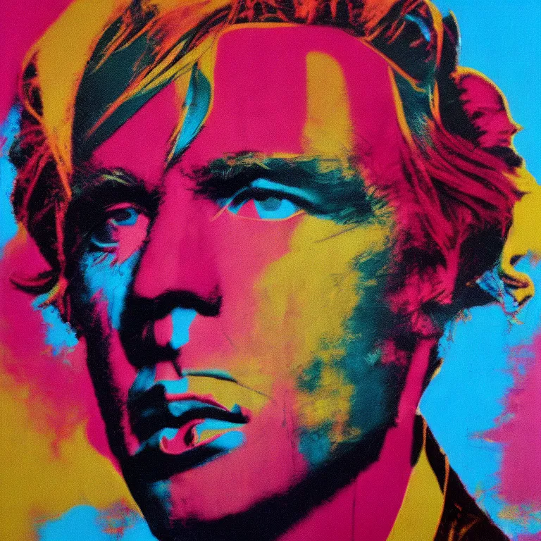 Image similar to Glitch-art portrait of Andy Warhol in style of John Nelson, realistic, 35mm