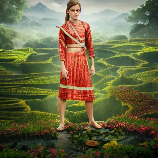 Prompt: emma watson wearing assamese mekhela, background: assam tea garden, clear makeup, clean hair, dry skin, clear skin, airbrushed, bright eye makeup, beautiful feminine body, photo by mario testino, 8k octane render, cinematic, hyper detailed, micro details, insanely detailed, trending on artstation, concept art