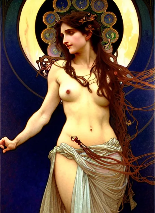 Image similar to awe-inspiring award-winning concept art nouveau painting of attractive figure called the goddess of the moonbow, by Alphonse Mucha, Michael Whelan, William Adolphe Bouguereau, John Williams Waterhouse, and Donato Giancola, fierce, extremely moody lighting, glowing light and shadow, atmospheric, shadowy, cinematic, diffuse lighting, fantasy, intricate, elegant, highly detailed, lifelike, photorealistic, digital painting, artstation, illustration, concept art, smooth, sharp focus, art by John Collier and Albert Aublet and Leonardo da vinci and Krenz Cushart and Artem Demura and Alphonse Mucha