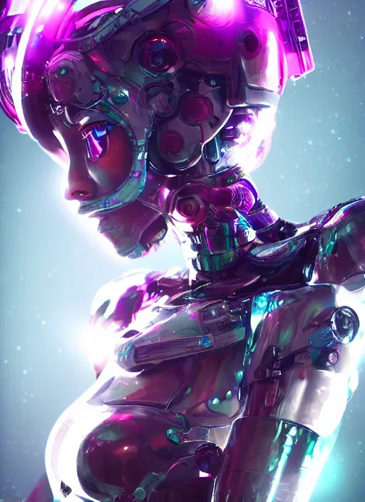 Prompt: a highly detailed portrait of a kpop idol mecha lady in spiked cyberpunk bioarmor trending on artstation by yoshitake amano, holographic undertones, 3 d cg, octane rendered, highly saturated colors, futuristic, 2 k aesthetic, dramatic lighting, 4 k