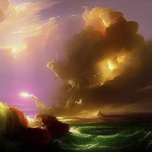 Prompt: a delicate ornate white fantasy tower with pink and green decoration splashes upwards from a turbulent ocean, dramatic lighting, rich colors, beautiful painting by Thomas Cole