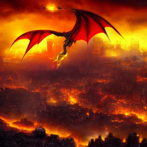 Prompt: large dragon flying over a city breathing fire, etheral, matte painting