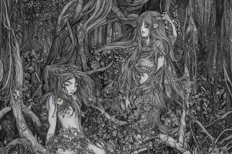 Prompt: fae living in the forest, beautiful, mesmerizing, concept art, intricate linework, detailed and intricate environment, artstation, inspired by monstress, sana takeda