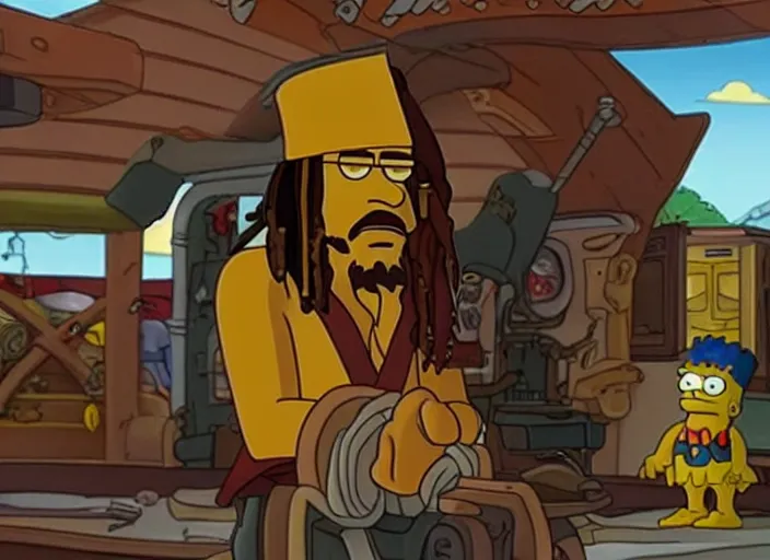 Prompt: film still of captain jack sparrow in the simpsons movie