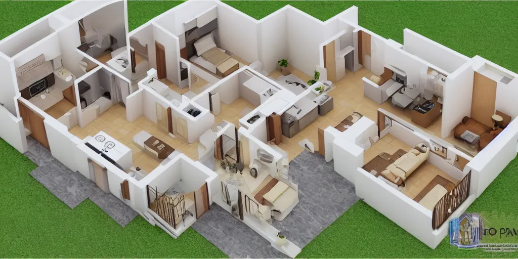 Image similar to 3 d floor plan of a one bedroom apartment, top view, realistic, detailed