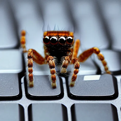 Image similar to a jumping spider using tiny computer keyboard tiny, by pixar, macro lens, iridescent, photomontage