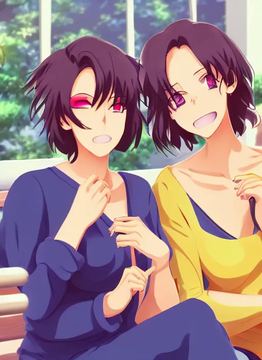 Image similar to two beautiful mature women in a summer home, casual summer clothes, gorgeous faces, thick lines, cinematic lighting, detailed anime art