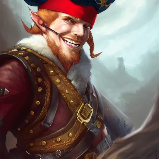 Image similar to dashing charming ginger grinning charismatic elf male rogue, wearing pirate captain's tricorne hat, naval background, amazing, trending on art station, artgerm, Greg rutkowski