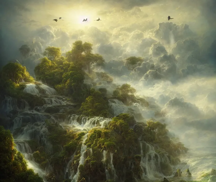 Image similar to floating lands in-clouds, foggy, volumetric fog, sun beams, blooming, bird flocks, giant mushrooms, waterfalls, flying whale; by Tom Bagshaw, Ivan Shishkin, Hans Thoma, Asher Brown Durand