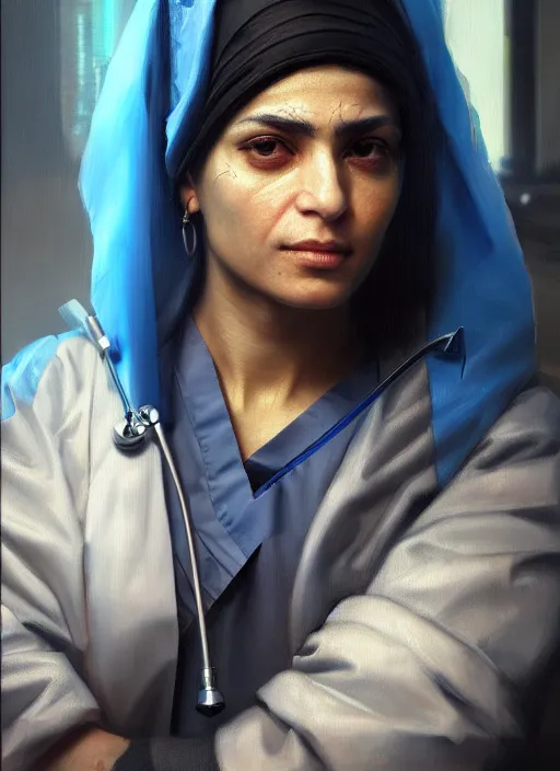 Prompt: portrait of a cyberpunk surgeon ( persian woman ), detailed realism face in painting, detailed beautiful portrait, oil painting masterpiece, cyberpunk art, 8 k resolution, smooth, sharp focus, trending on artstation, by rembrandt