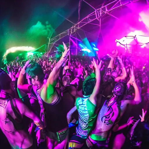 Image similar to Psytrance festival scene with people dancing