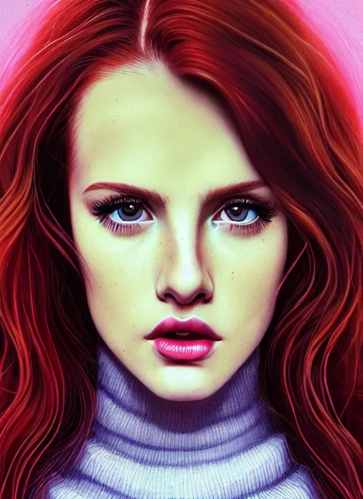 Image similar to full body portrait of teenage cheryl blossom, bangs, green eyes, mischievous expression, red hair, sultry smirk, bangs and wavy hair, 1 9 8 0 s, intricate, elegant, glowing lights, highly detailed, digital painting, artstation, concept art, smooth, sharp focus, illustration, art by wlop, mars ravelo and greg rutkowski