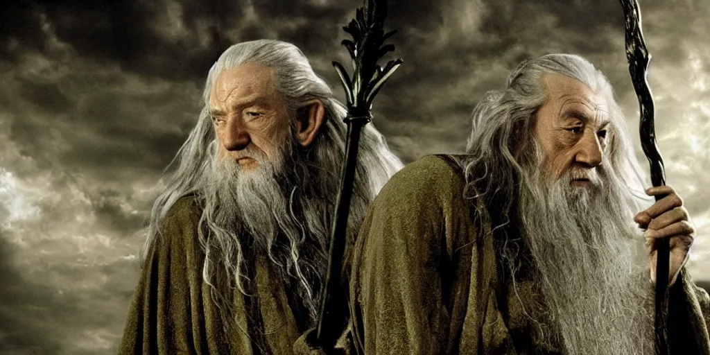 Image similar to movie still, lord of the rings directed by ridley scott, gandalf in the style of h. r. giger, holding a metallic staff, dark, cinematic, cinemascope