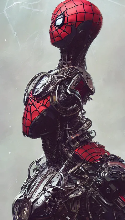 Prompt: spiderman as a robot, cyberpunk machine, machine face, robed, upper half portrait, decorated, intricate intense elegant highly detailed digital painting artstation concept art smooth sharp focus illustration, art by artgerm and greg rutkowski alphonse mucha 8 k