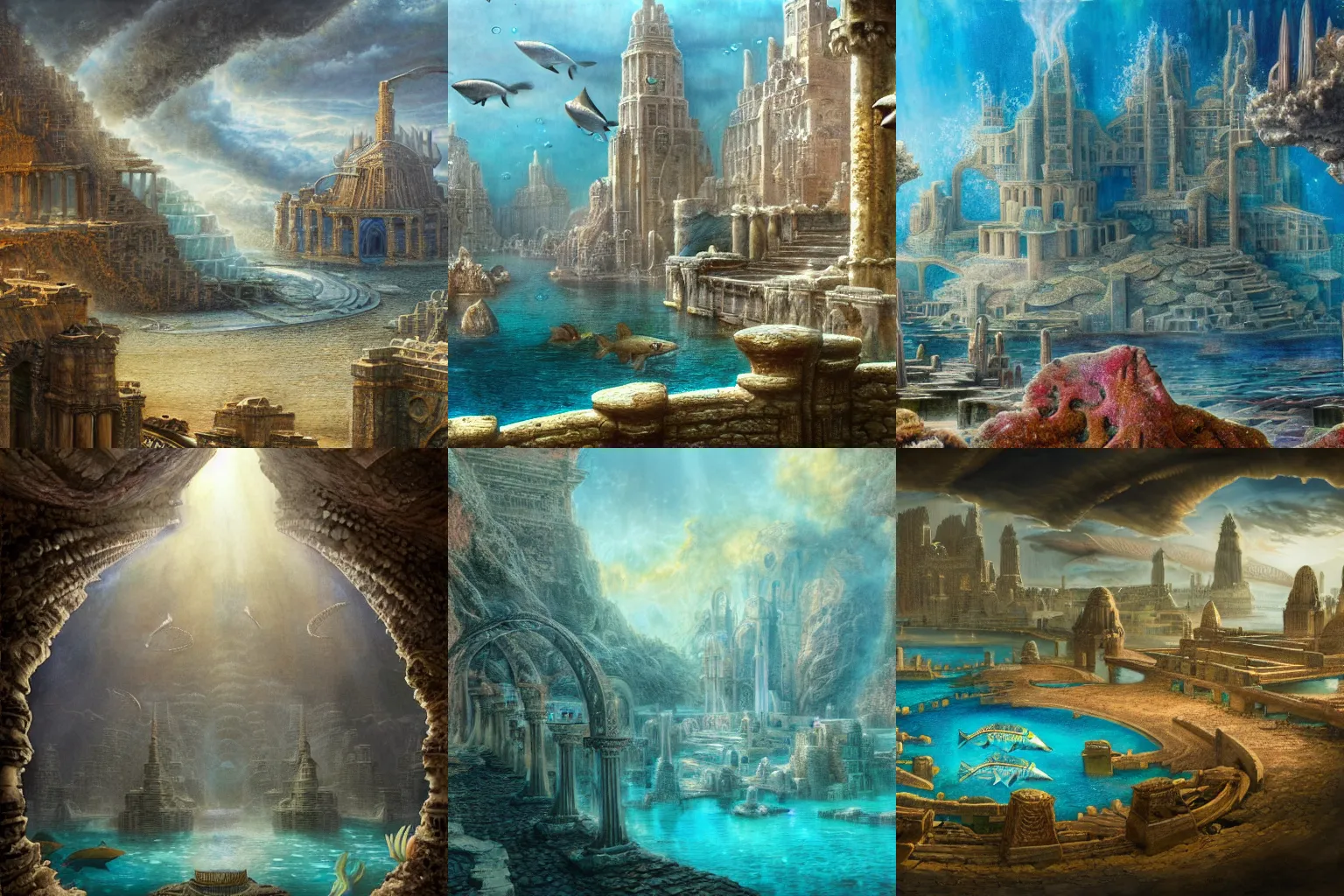 Prompt: a beautiful hyperdetailed matte painting of underwater ancient city, atlantis city, aquatic life, water full of fish and creatures, by John Howe, Trending on Artstation, Landscape vista photography,16K resolution, Landscape 35mm veduta photo,8k resolution, detailed landscape painting by , DeviantArt, Flickr, rendered in Enscape, Ultrafine Details, Reimagined By Industrial Light And Magic, highly detailed, octane render, epic and breathtaking composition, Marc Simonetti and Jim Burns landscape, #vfxfriday, 4k resolution post-processing, Global Illumination - 1024