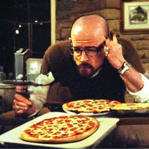 Prompt: low quality photo of heisenberg eating pizza in the sky