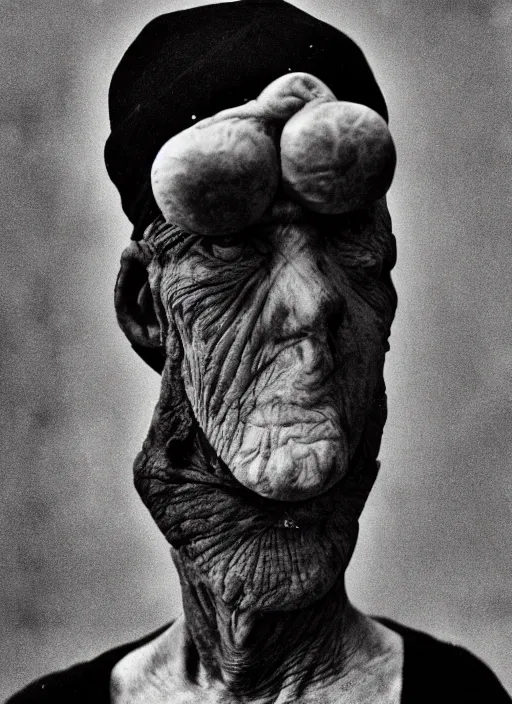 Image similar to A portrait photo of an old cyclope man , high contrast, black and white