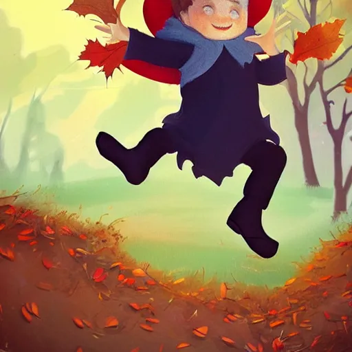 Image similar to a boy wearing a witches hat jumping into a pile of leaves on a beautiful autumn day, cute storybook illustration, trending on artstation, cgsociety, beautiful painting