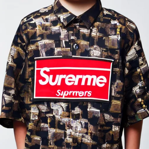 Image similar to short kid wearing a supreme shirt, detailed, studio