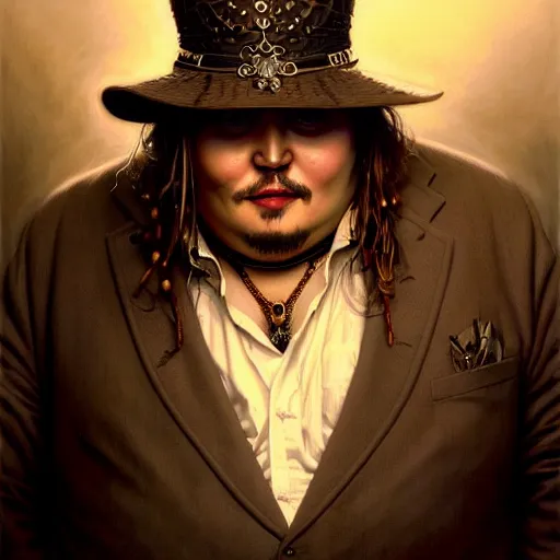 Image similar to wideangle!! portrait shot of fat johnny depp, intricate, elegant, highly detailed, centered, digital painting, artstation, concept art, smooth, sharp focus, illustration, artgerm, tomasz alen kopera, peter mohrbacher, donato giancola, joseph christian leyendecker, wlop, boris vallejo