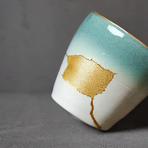 Image similar to photo of a cracked ceramic cup repaired with gold, kintsugi, beautiful, cinematic, high detail,