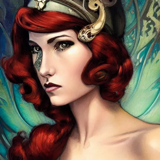 Prompt: an art nouveau, ( streamline moderne ), multi - ethnic and multi - racial portrait in the style of charlie bowater, and in the style of donato giancola, and in the style of charles dulac. very large, clear, expressive, intelligent eyes. symmetrical, centered, ultrasharp focus, dramatic lighting, photorealistic digital painting, intricate details.