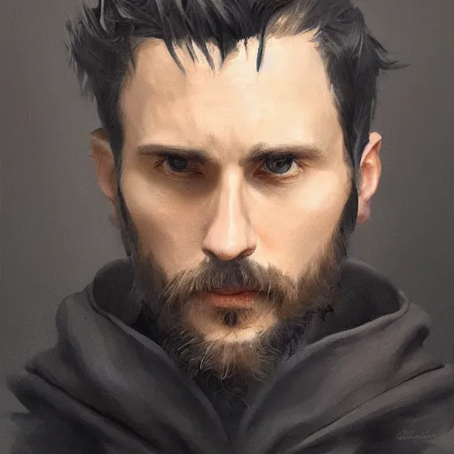 Image similar to An oil painting of a man dressed in priest robes, 30 years old, chad jaw line, short black hair, trimmed beard, sharp facial features, beautiful, highly detailed, by Cédric Peyravernay, trending on artstation