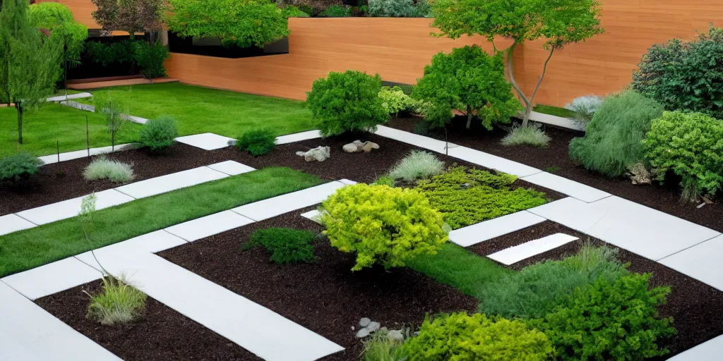 Image similar to overhead plans contemporary rectanguar minimal landscape garden, planting, tree, in the style of frank lloyd wright inspiration.