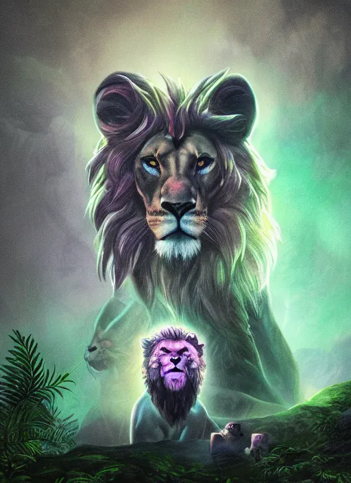 Prompt: portrait of a mythological beast with lion face and bird wings in the middle of a lush forest at night. diffuse neon light, dramatic landscape, fantasy illustration, matte painting