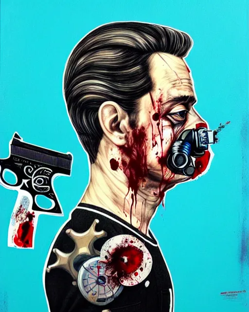 Image similar to portrait of a man wearing oxygen mask, has a gun, blood, a pistol with sea background intricate details with horror side profile by Sandra Chevrier