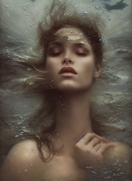Image similar to underwater and dreaming, back lighting, murky cloudy windy by jeremy lipkin, jesper ejsing, dino valls, rule of thirds, seductive look, beautiful