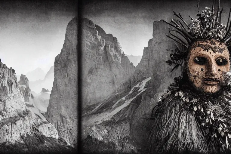 Image similar to portrait of a tyrolean folklore mask, in the alpine forest, dark, eerie , wearing hay coat, with horns, eerie, flowers growing out of his body, dolomites in the background, detailed intricate insanely detailed octane render, 8k, artistic 1920s photography, vintage photo, black and white, photorealistic, chiaroscuro, by David Cronenberg, Raphael, Caravaggio