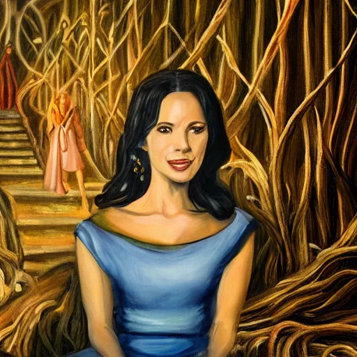 Prompt: stunning portrait painting of a professional network news anchorwoman reporting from the studio in lothlorien interviewing arwen, lord of the rings movie, by daniella zalcman, directed by peter jackson, highly detailed, canon eos r 3, f / 1. 4, iso 2 0 0, 1 / 1 6 0 s, 8 k, raw, symmetrical balance