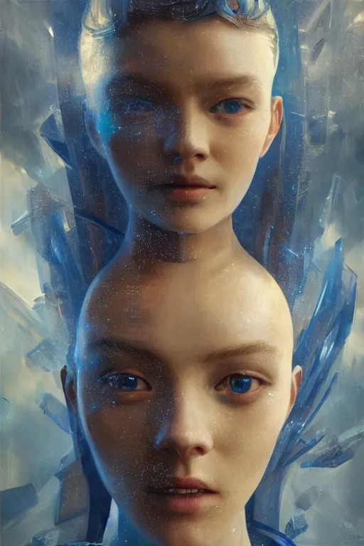 Image similar to 3 d, sci - fi, close - up, morning, smiling fashion model face, sun, cinematic, clouds, sun rays, vogue cover style, poster art, blue mood, realistic painting, intricate oil painting, high detail illustration, figurative art, multiple exposure, poster art, by tooth wu and wlop and beeple and greg rutkowski