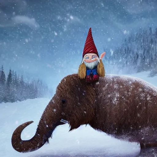 Prompt: A small gnome riding on a huge Mammoth in a snowy landscape, photorealistic