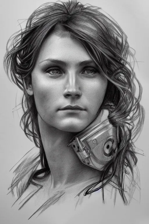 Image similar to portrait pencil sketch a female construction worker by david malan and alphonse mucha, fantasy art, realistic drawing, dynamic lighting, artstation, poster, volumetric lighting, very detailed faces, 4 k, award winning