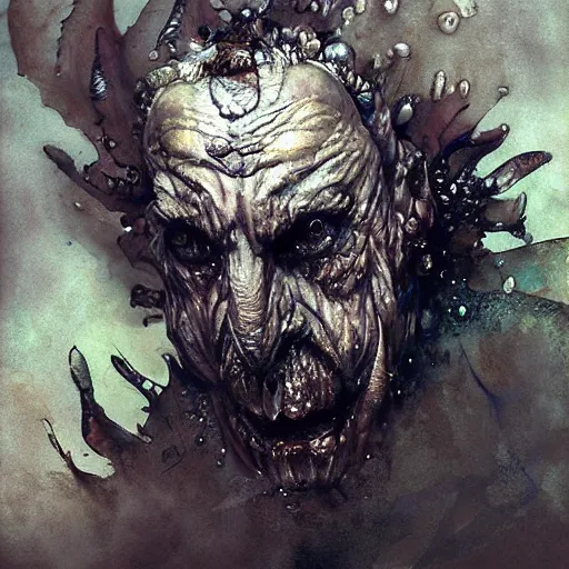 Image similar to mutant fishman sailor old man with gills and scales and barnacles, creatures from the deep ocean by emil melmoth zdzislaw beksinki craig mullins yoji shinkawa realistic render ominous detailed photo atmospheric by jeremy mann francis bacon and agnes cecile ink drips paint smears digital glitches glitchart