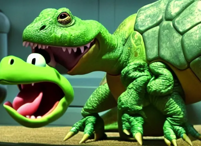 Image similar to film still of yoshi in the new sci - fi movie, cute upright dinosaur standing on its hind legs with a small turtle shell and long tongue, 8 k