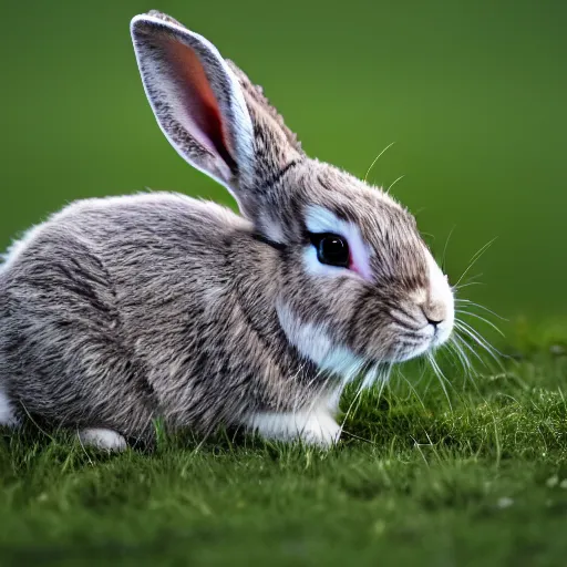 Prompt: Photo of a dwarf rabbit laying down on grass, realism, very detailed, photo by Nick Nichols