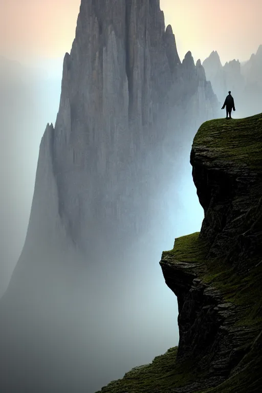 Prompt: emissary gargoyle standing of the edge of a cliff in the italian dolomites in the pouring rain during blue hour by arthur haas and bruce pennington and john schoenherr, cinematic matte painting, zaha hadid building, photo realism, dark moody color palate, blue hour stars, desolate glacial landscape,