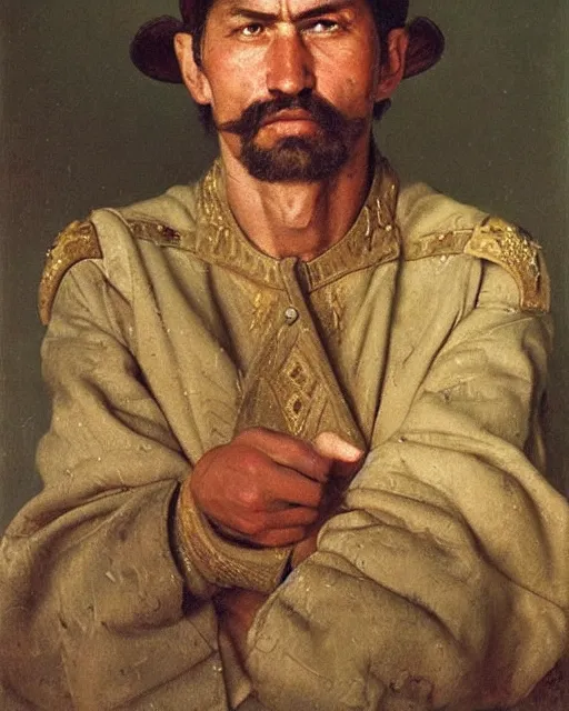 Image similar to realist portrait of a cossack by andrey shishkin, highly detailed, oil on canvas