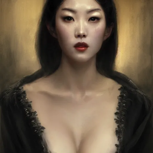 Prompt: detailed cinematic wide shot of beautiful attractive hoyeon jung asian vampire woman wearing black bath robe slim face symettrical face clean skin black eyes black robe smooth, sharp focus, ultra realistic, spring light, painting by gaston bussiere, craig mullins, j. c. leyendecker